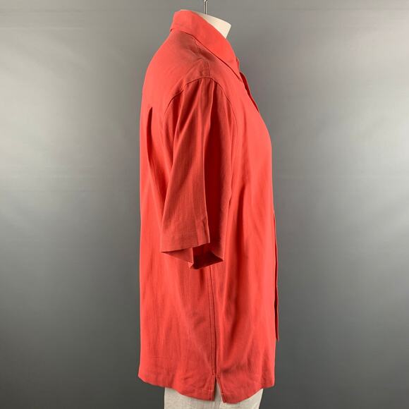 NEIMAN MARCUS Size XL Salmon Solid Silk Button Up Short Sleeve Shirt - Picture 2 of 5